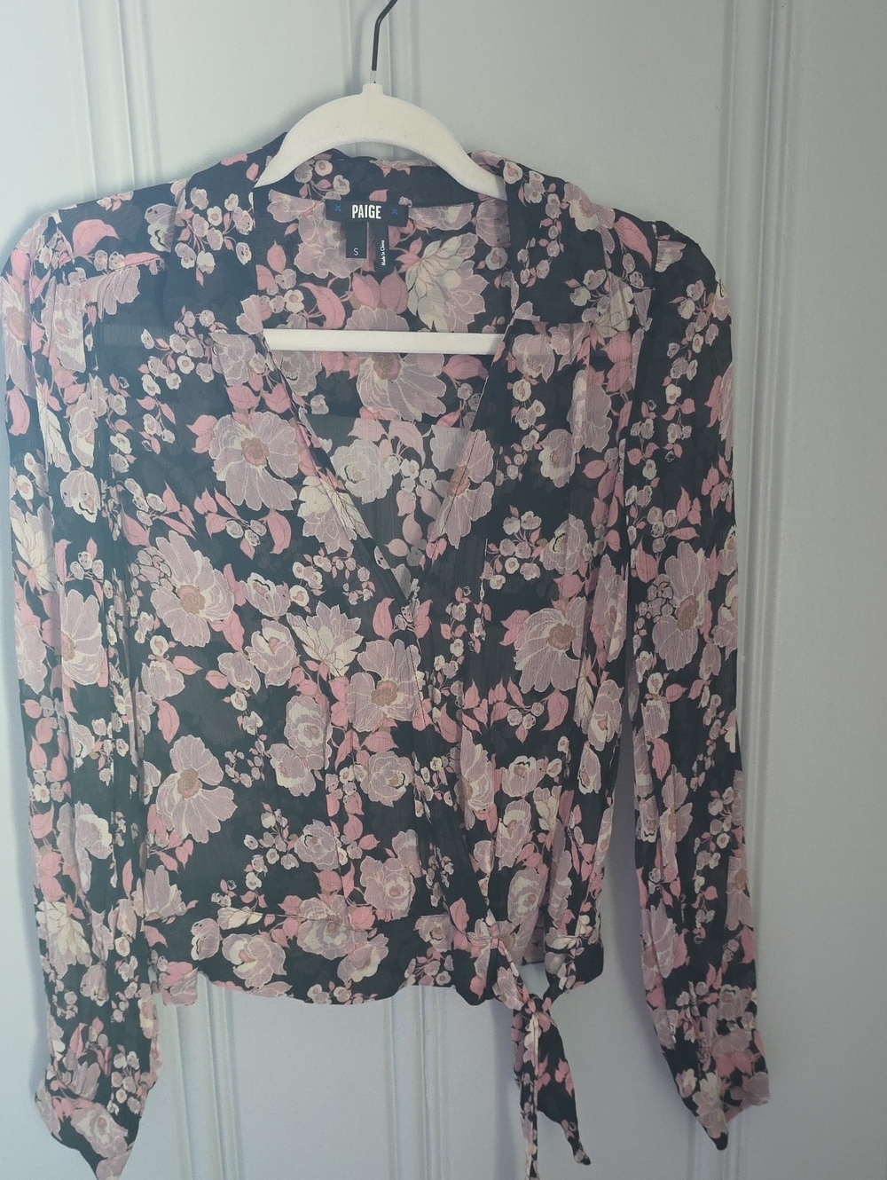 PAIGE Black Floral Wrap Blouse with Pink and Cream Flowers